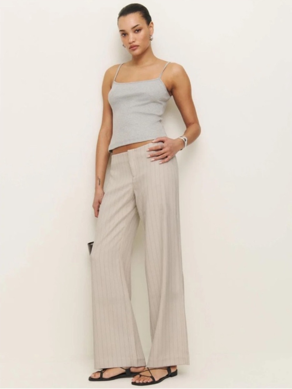 Reformation Vida low rise Beige Pinstripe Wide-Leg Trousers